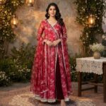 maroon soft organza anarkali