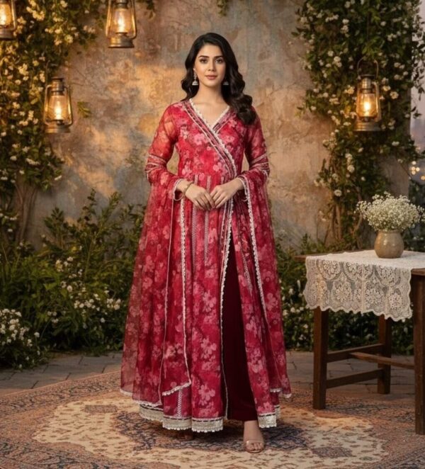 maroon soft organza anarkali